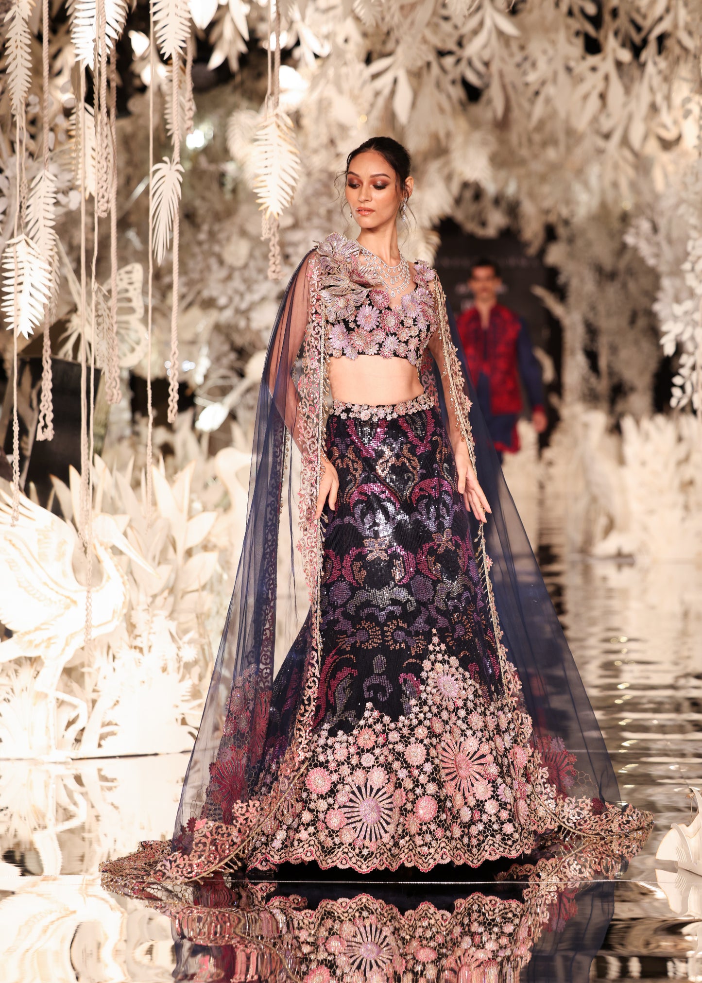 Embellished Floral Lehenga with Plunging Crop Top and Sheer Cape