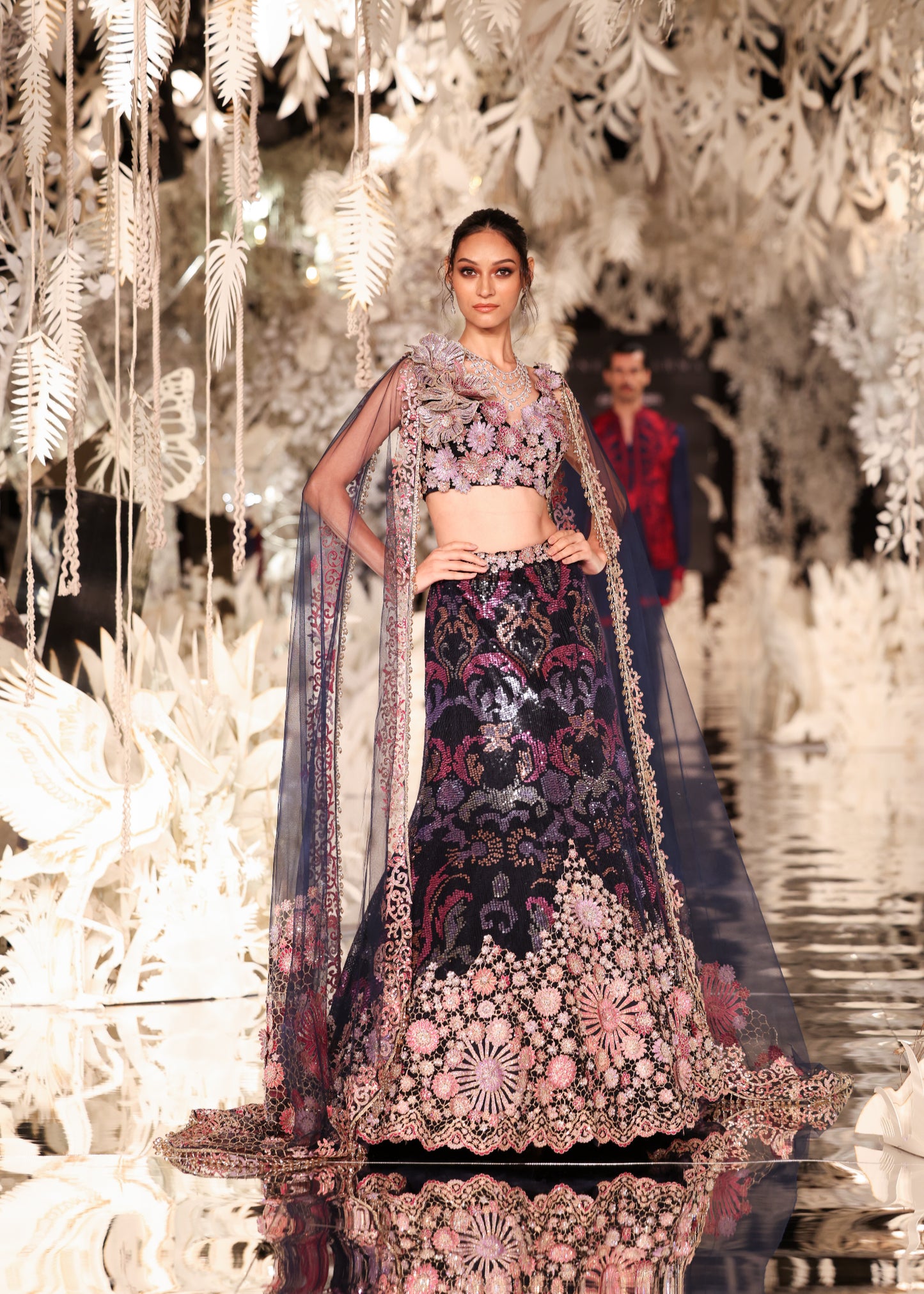 Embellished Floral Lehenga with Plunging Crop Top and Sheer Cape