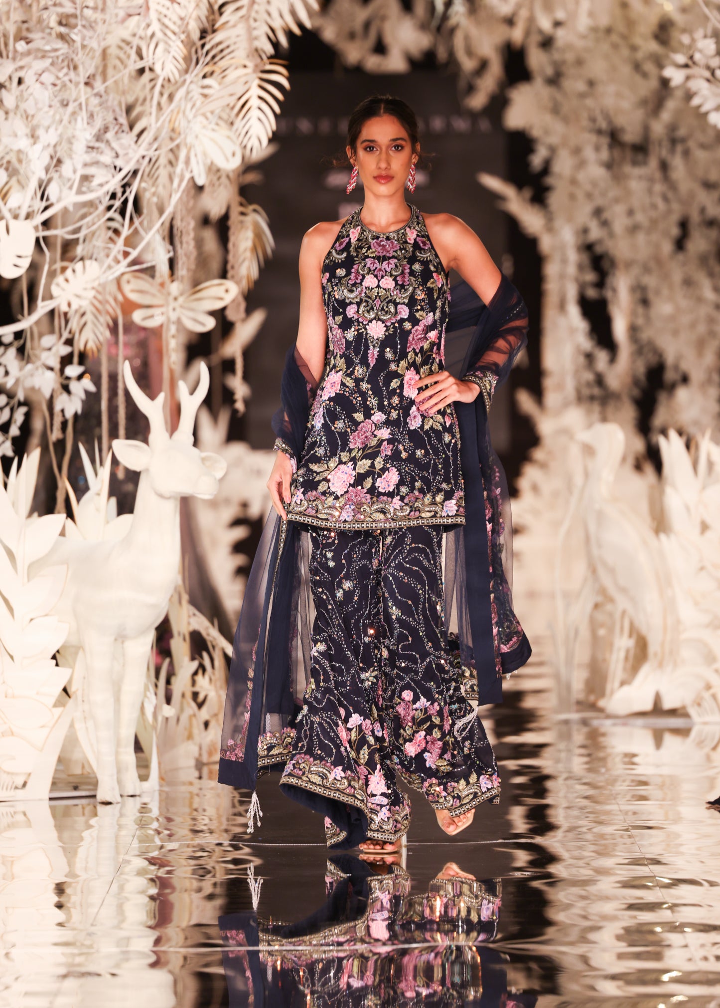 Floral Embroidered Halter-Neck Kurta and Sharara Set