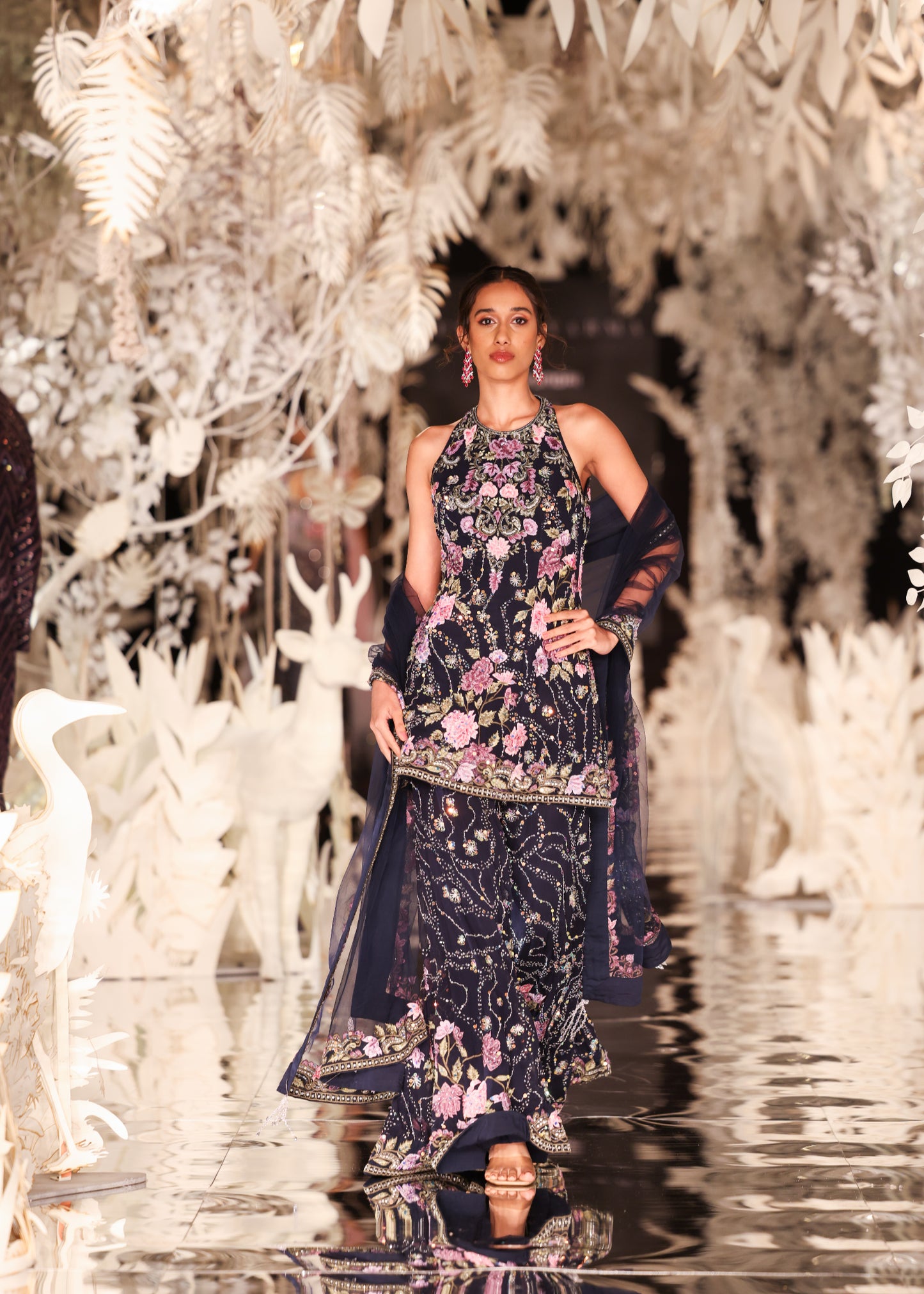 Floral Embroidered Halter-Neck Kurta and Sharara Set