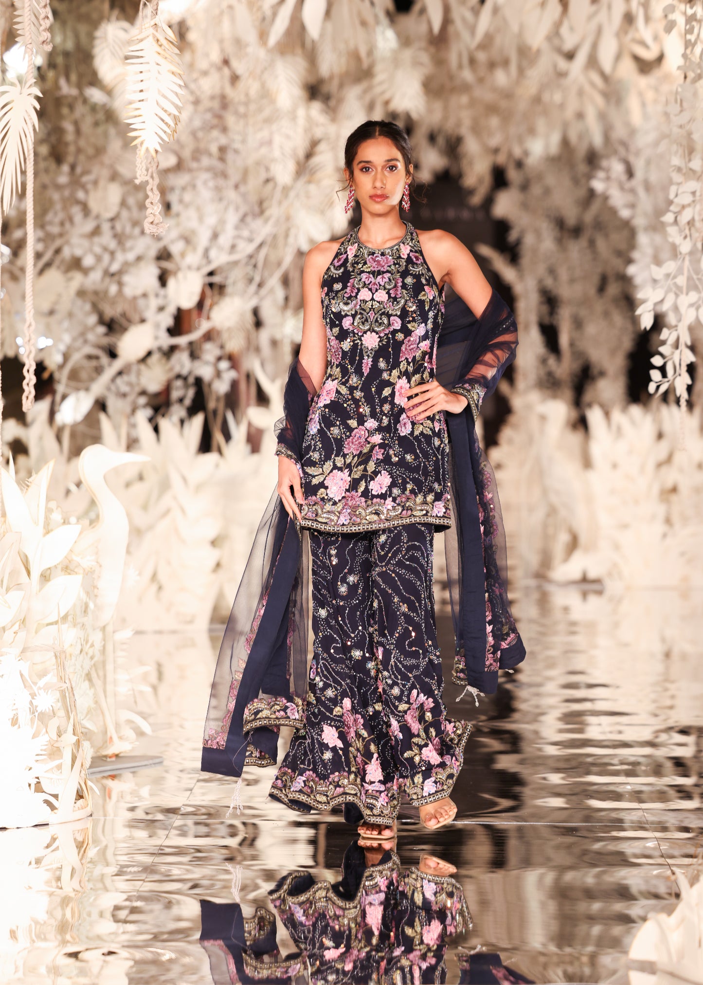 Floral Embroidered Halter-Neck Kurta and Sharara Set