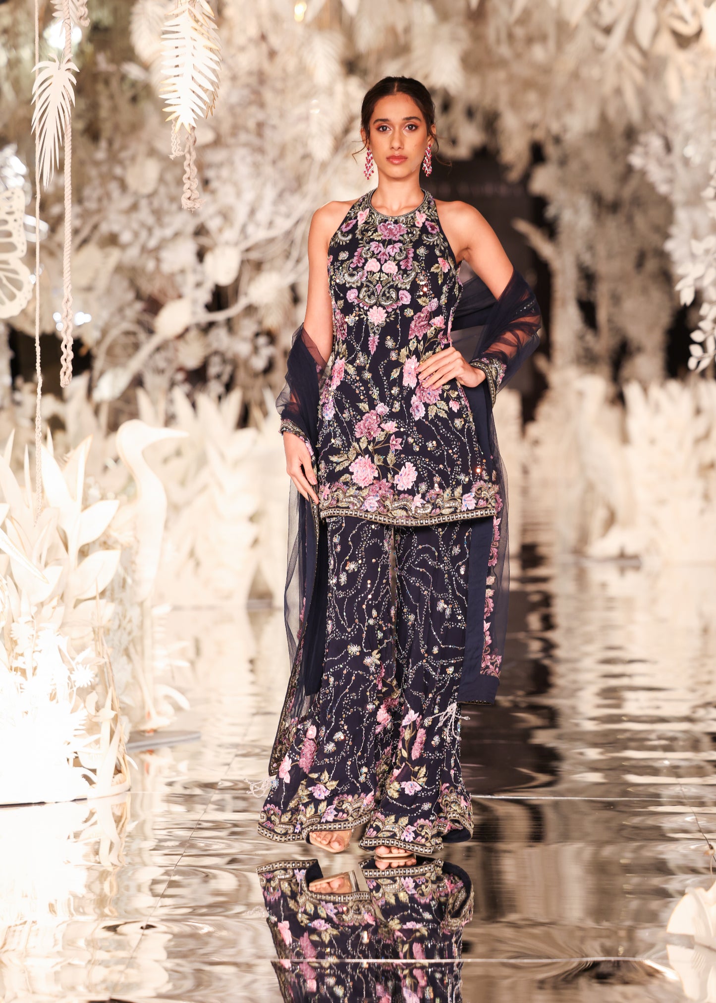 Floral Embroidered Halter-Neck Kurta and Sharara Set