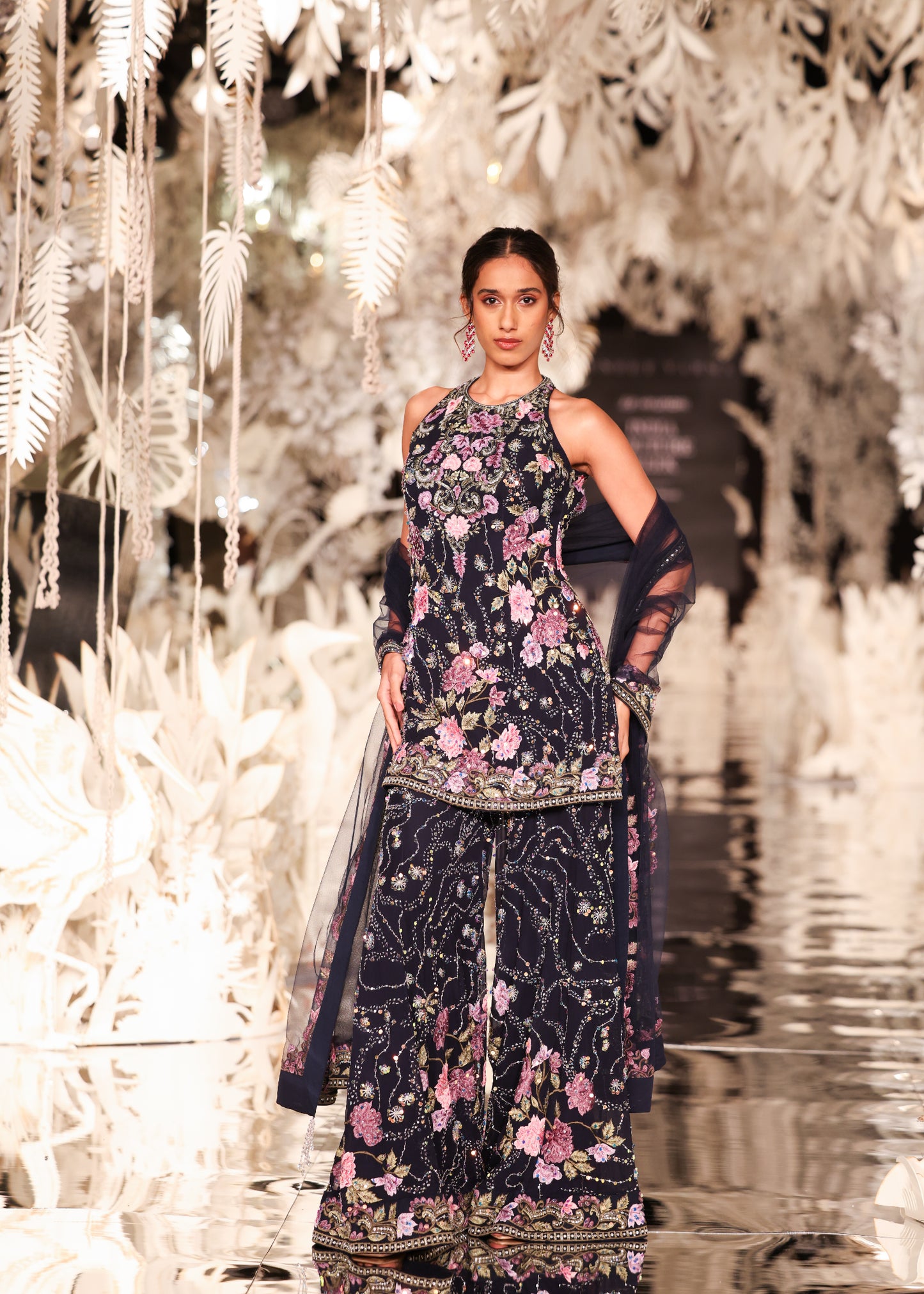Floral Embroidered Halter-Neck Kurta and Sharara Set
