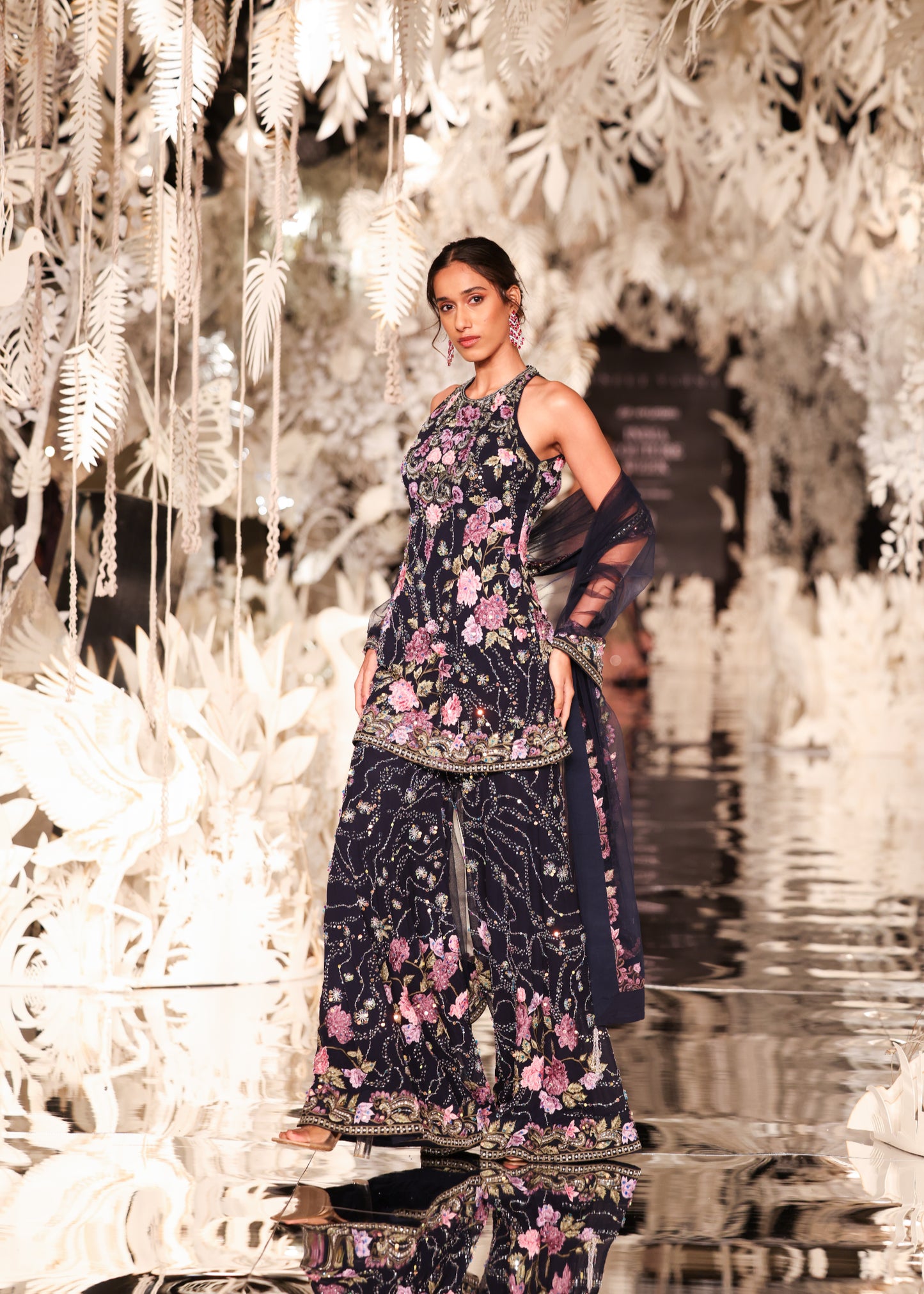 Floral Embroidered Halter-Neck Kurta and Sharara Set