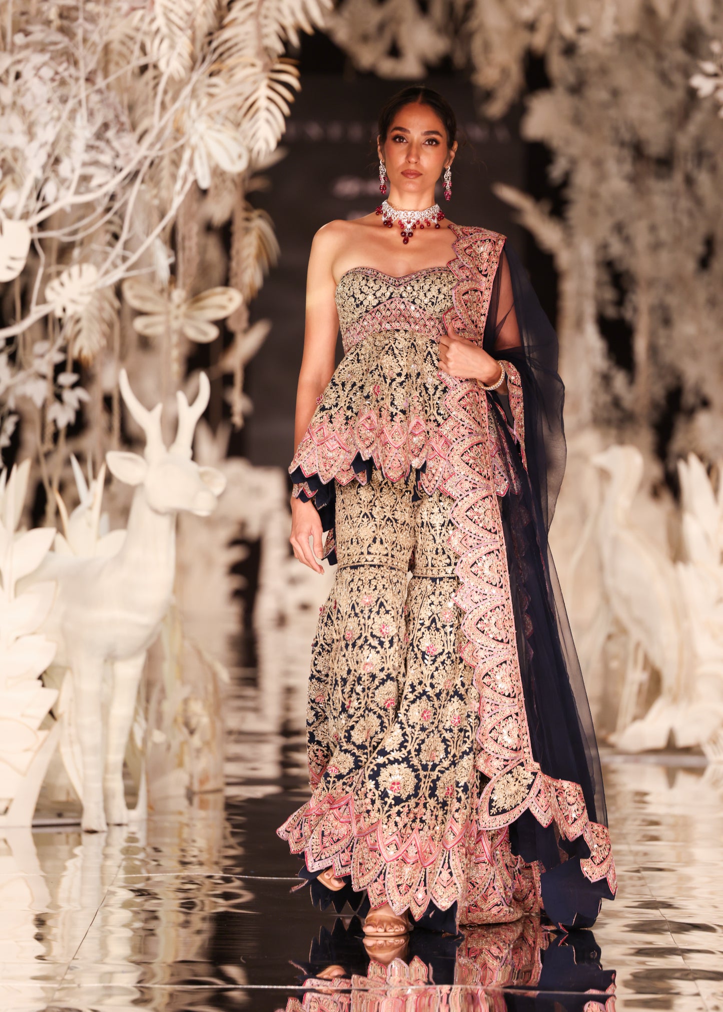 Strapless Peplum Top and Tiered Lehenga with Scalloped Details