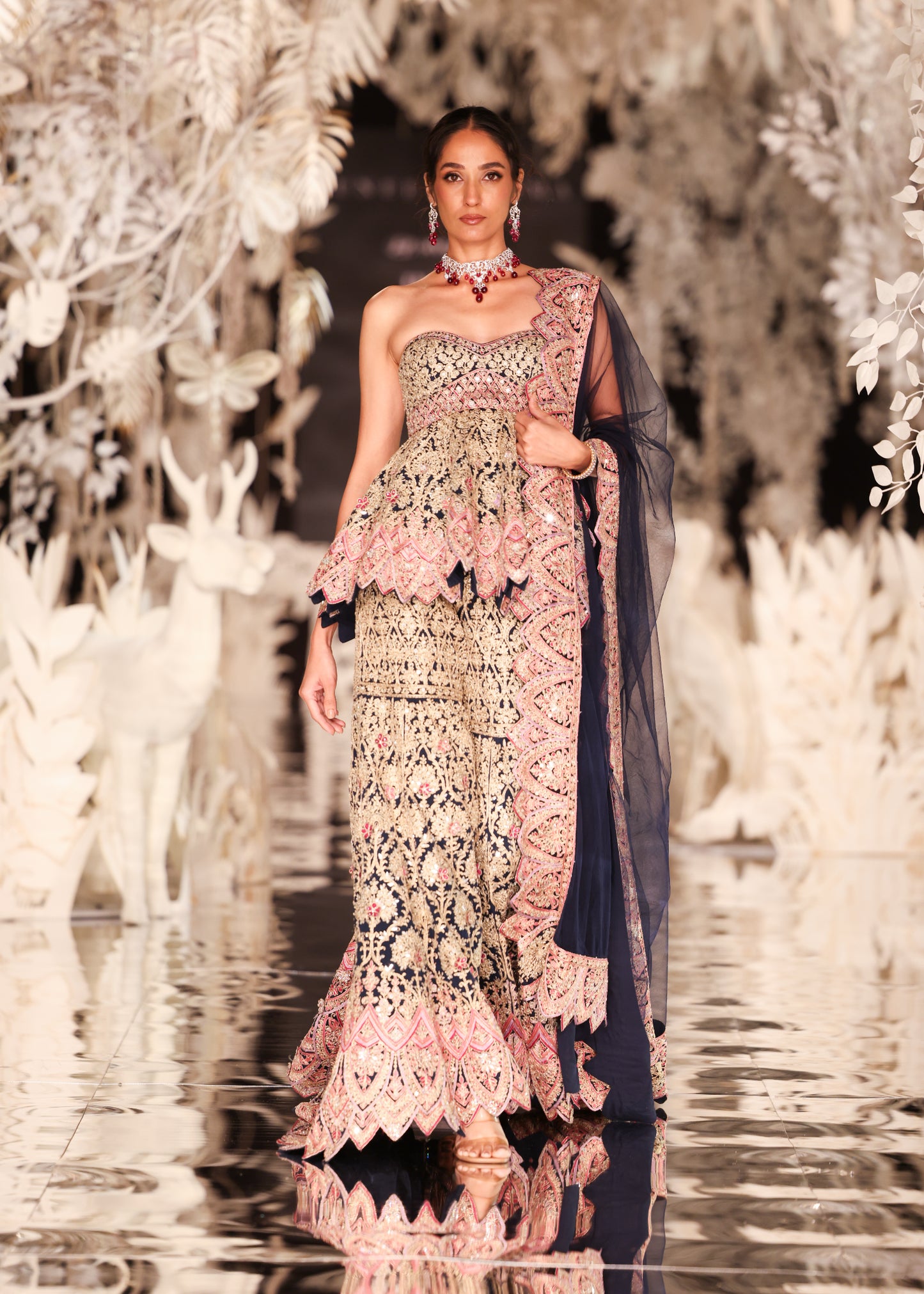 Strapless Peplum Top and Tiered Lehenga with Scalloped Details