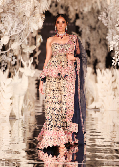 Strapless Peplum Top and Tiered Lehenga with Scalloped Details
