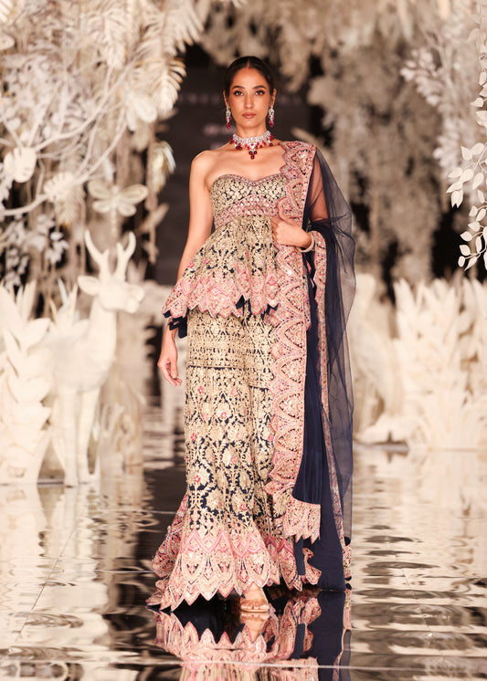 Strapless Peplum Top and Tiered Lehenga with Scalloped Details