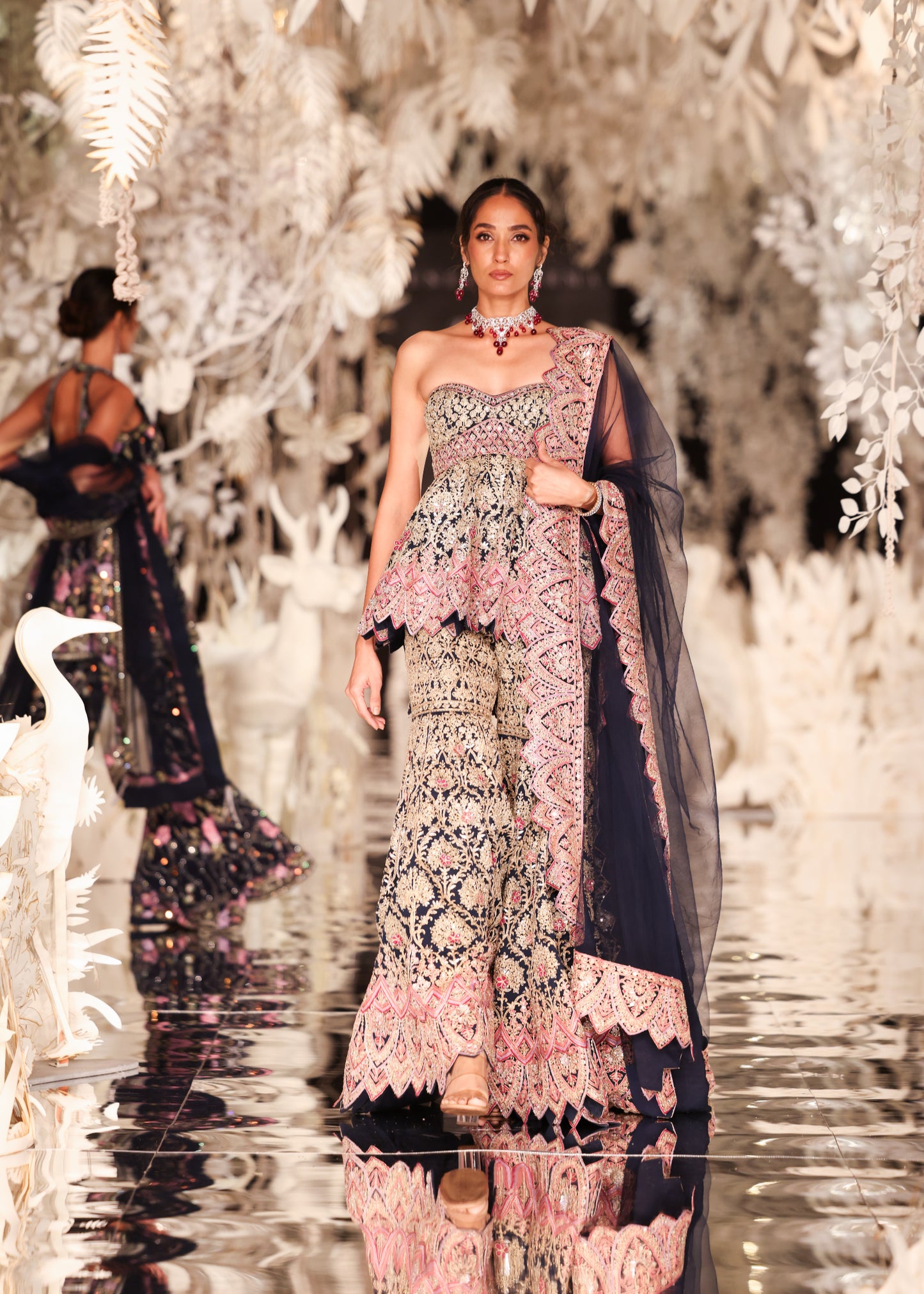 Strapless Peplum Top and Tiered Lehenga with Scalloped Details