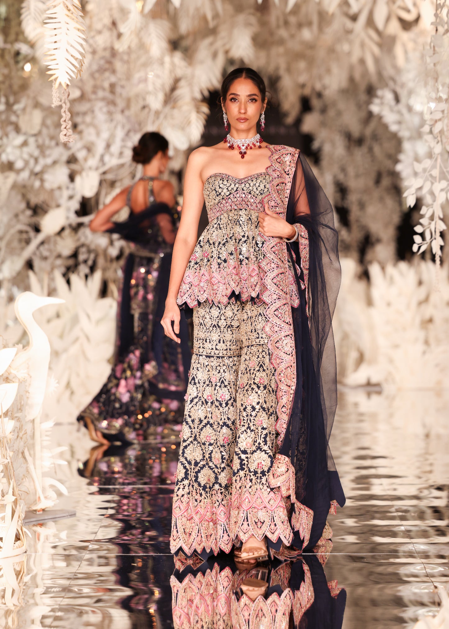 Strapless Peplum Top and Tiered Lehenga with Scalloped Details