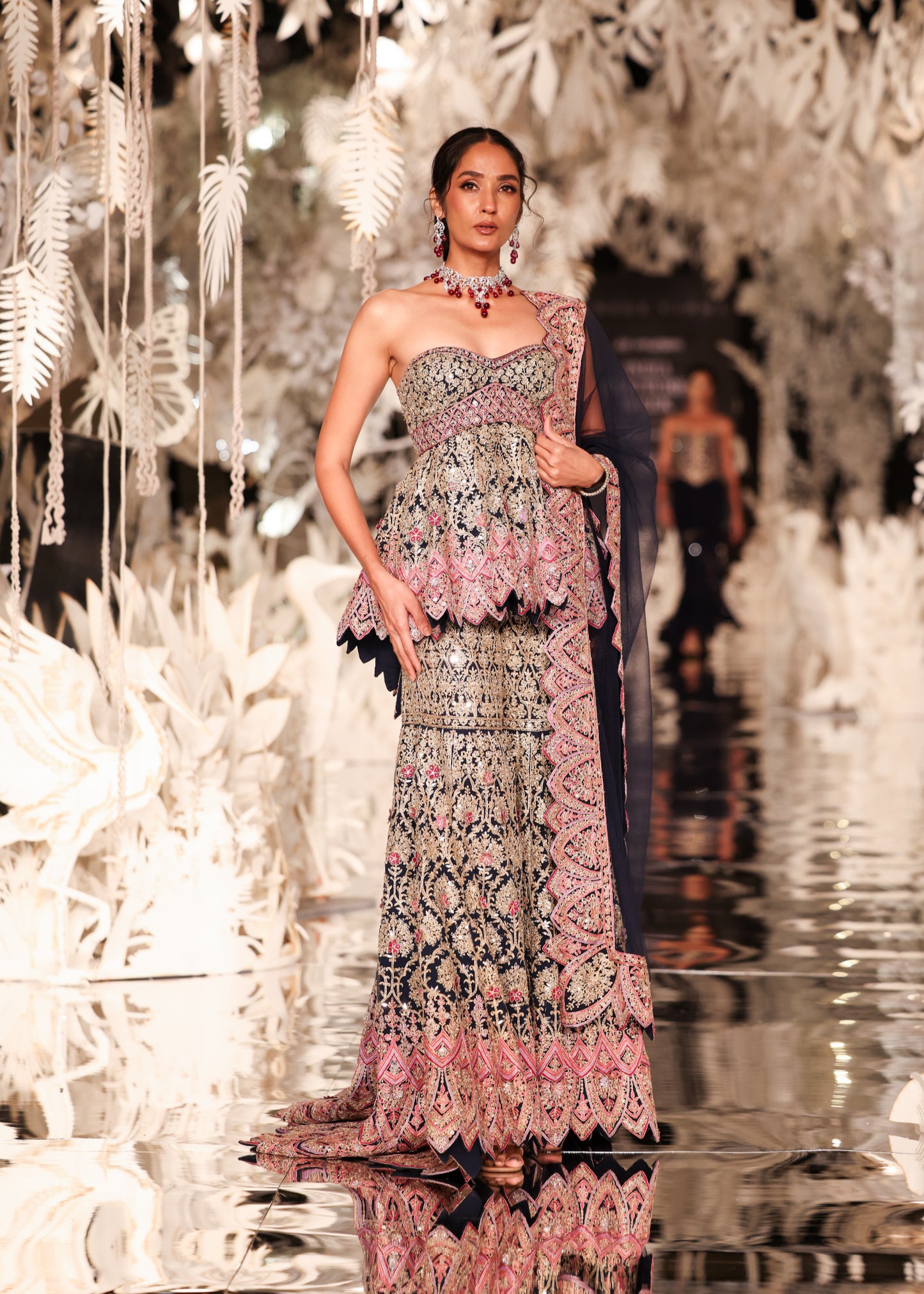 Strapless Peplum Top and Tiered Lehenga with Scalloped Details