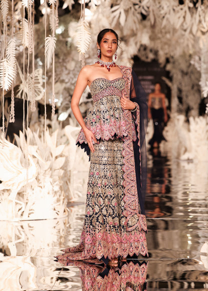 Strapless Peplum Top and Tiered Lehenga with Scalloped Details