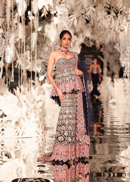 Strapless Peplum Top and Tiered Lehenga with Scalloped Details