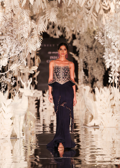 Corset-Style Peplum Top and Navy Pre-Draped Saree