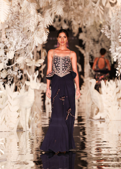 Corset-Style Peplum Top and Navy Pre-Draped Saree