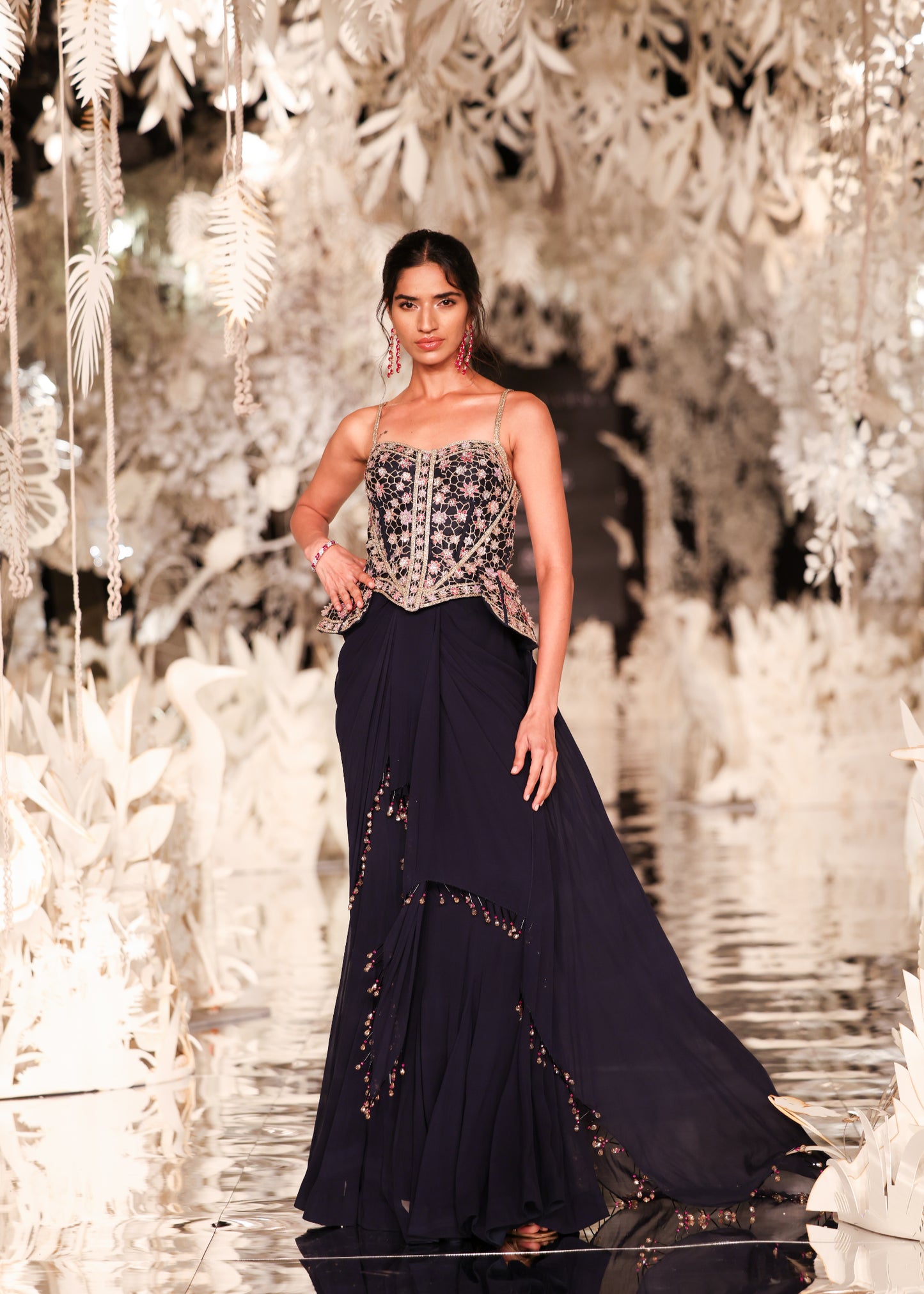 Corset-Style Peplum Top and Navy Pre-Draped Saree