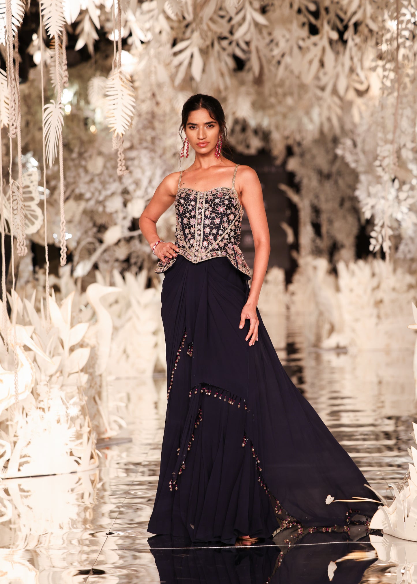 Corset-Style Peplum Top and Navy Pre-Draped Saree