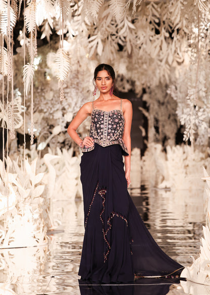 Corset-Style Peplum Top and Navy Pre-Draped Saree