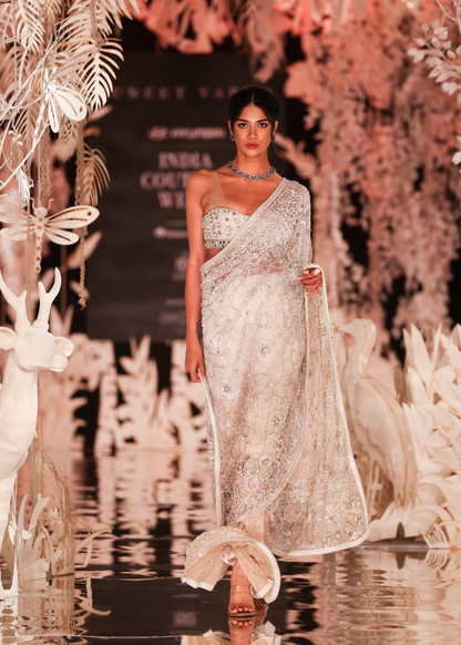 Ivory Beaded Pre-Draped Lehenga-Saree with Embellished Blouse