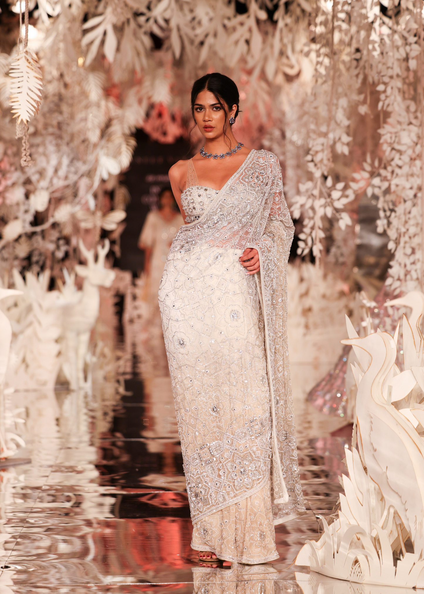 Ivory Beaded Pre-Draped Lehenga-Saree with Embellished Blouse