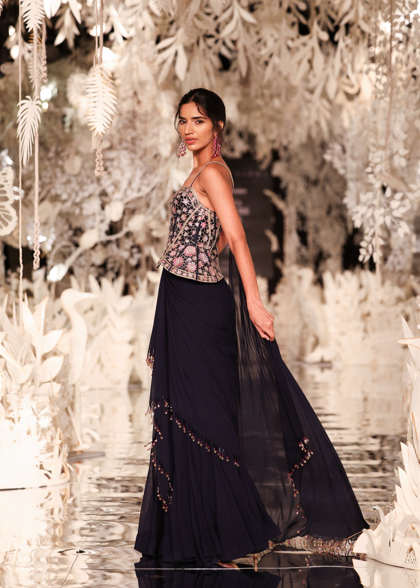 Corset-Style Peplum Top and Navy Pre-Draped Saree