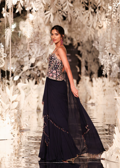 Corset-Style Peplum Top and Navy Pre-Draped Saree