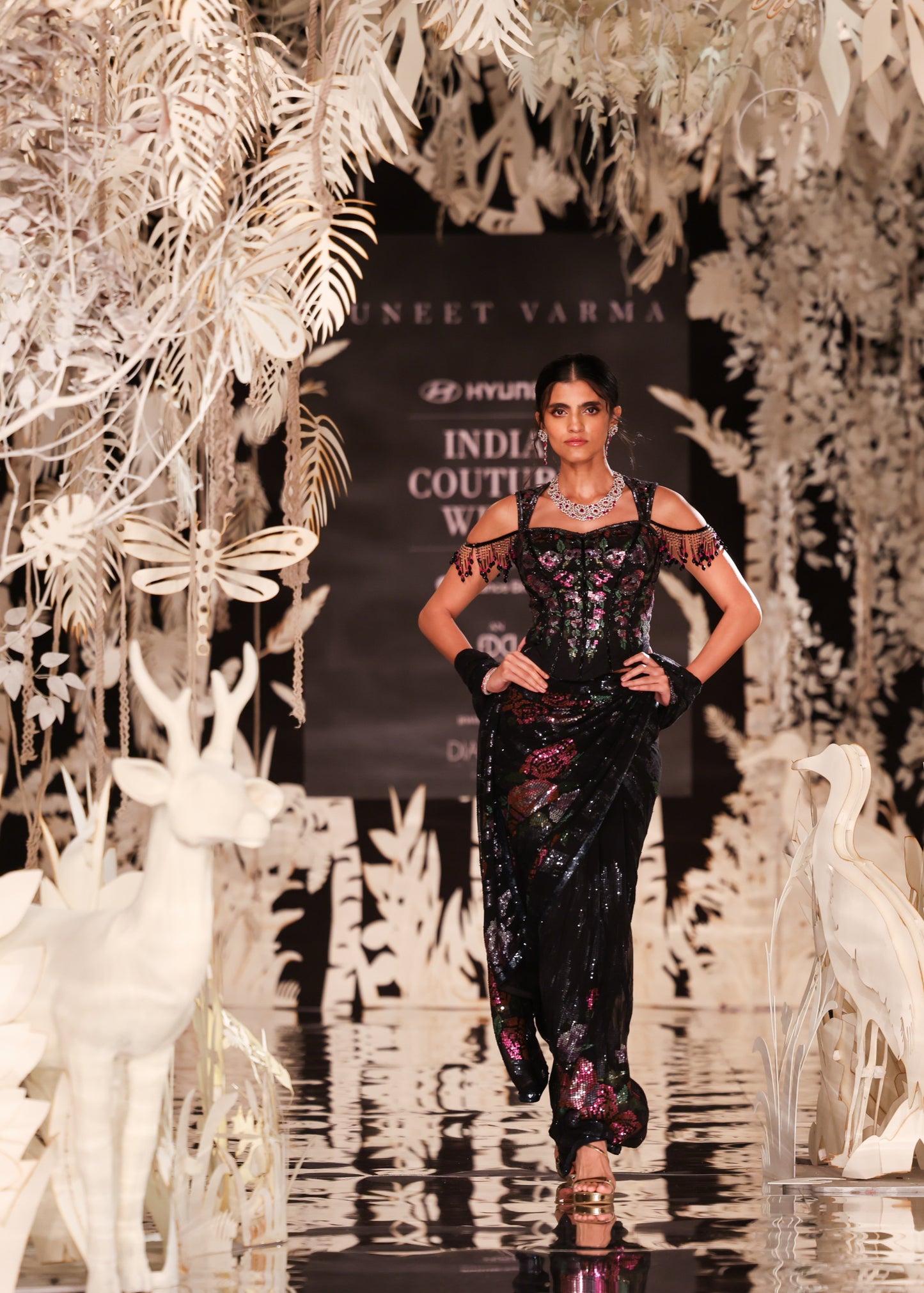 Sculpted Off-Shoulder Blouse with Floral Pre-Draped Saree