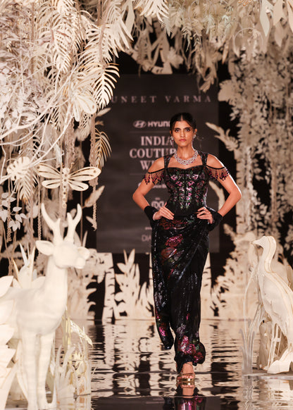 Sculpted Off-Shoulder Blouse with Floral Pre-Draped Saree