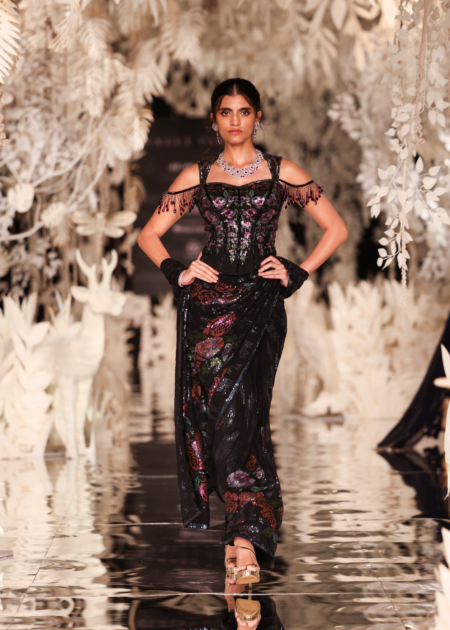 Sculpted Off-Shoulder Blouse with Floral Pre-Draped Saree