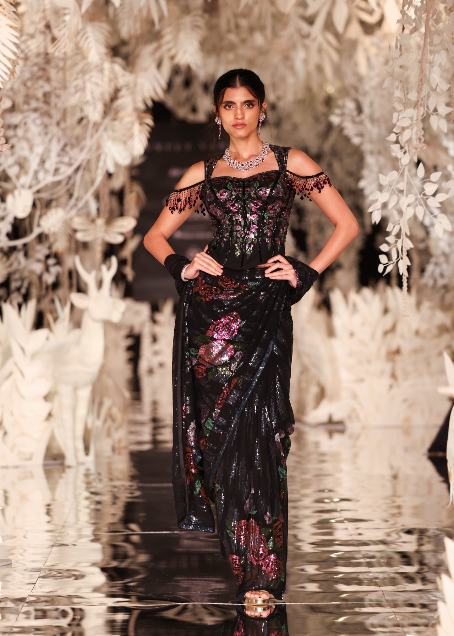 Sculpted Off-Shoulder Blouse with Floral Pre-Draped Saree