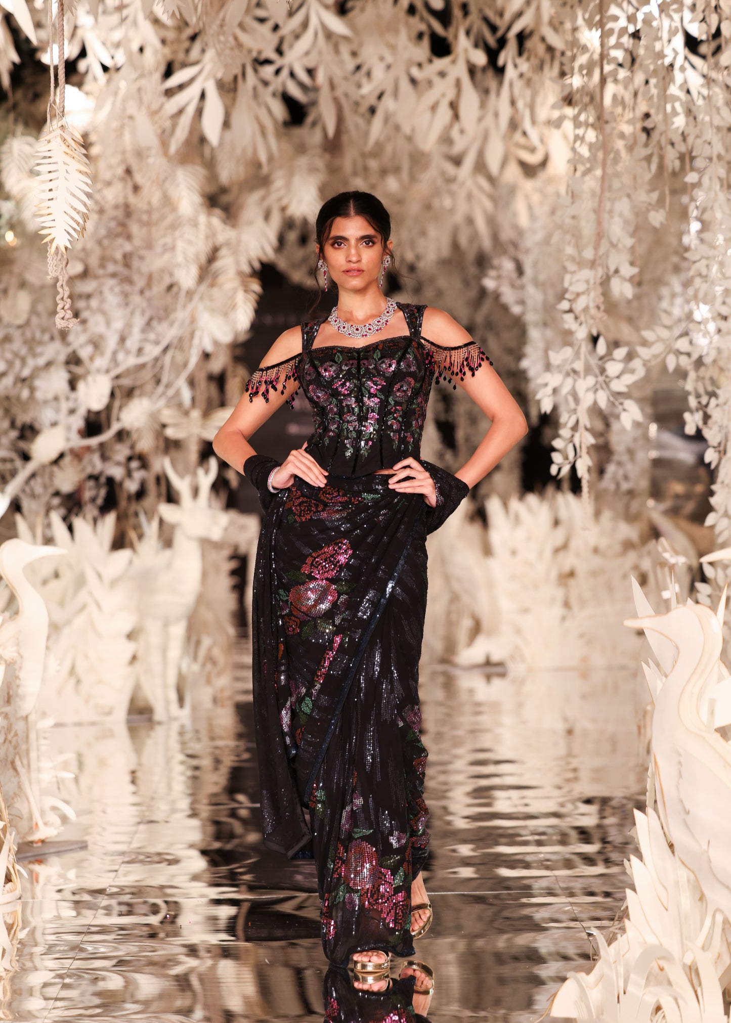 Sculpted Off-Shoulder Blouse with Floral Pre-Draped Saree