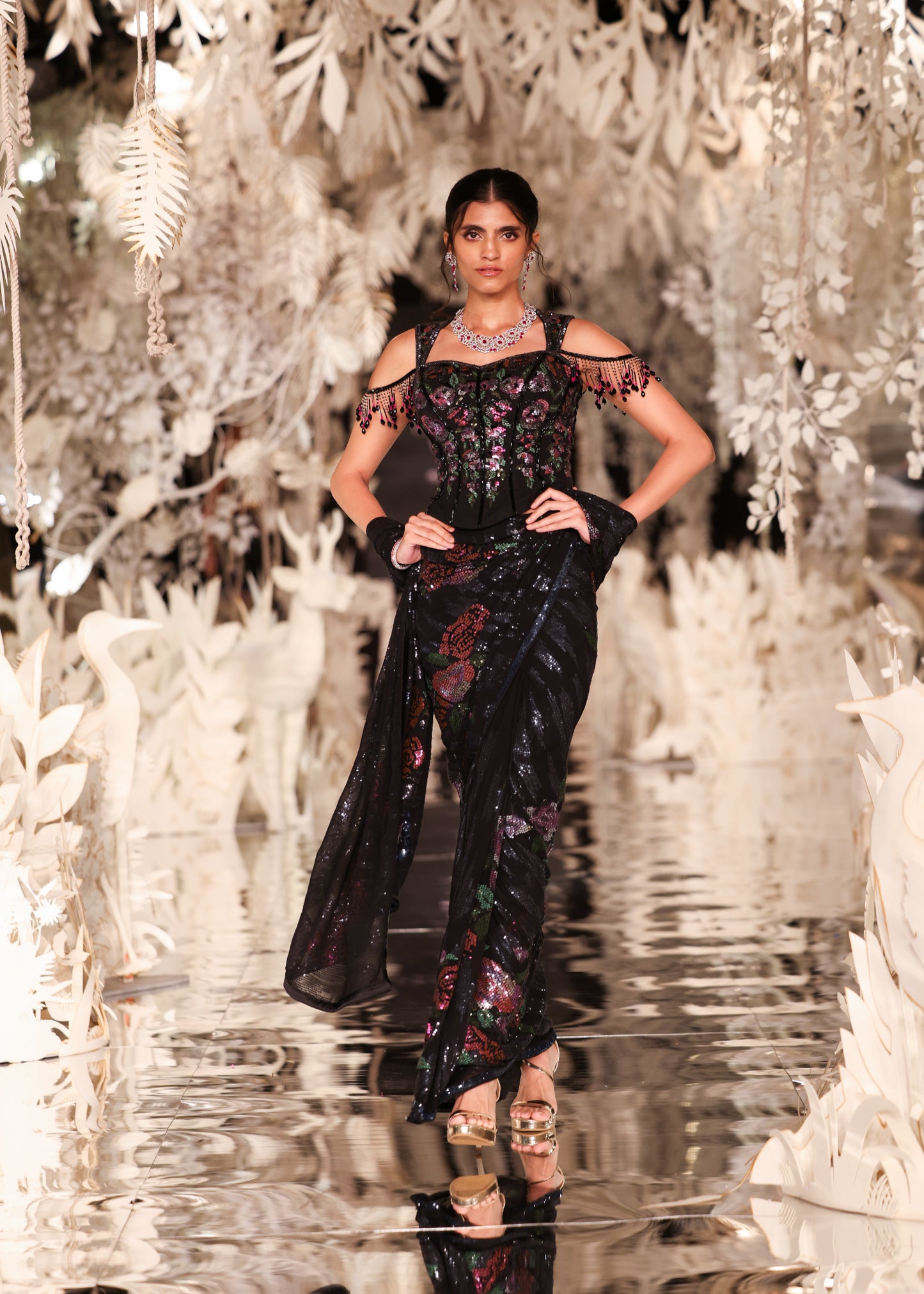 Sculpted Off-Shoulder Blouse with Floral Pre-Draped Saree