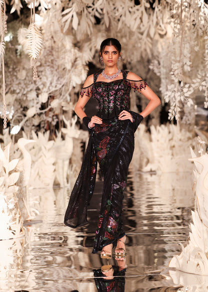 Sculpted Off-Shoulder Blouse with Floral Pre-Draped Saree