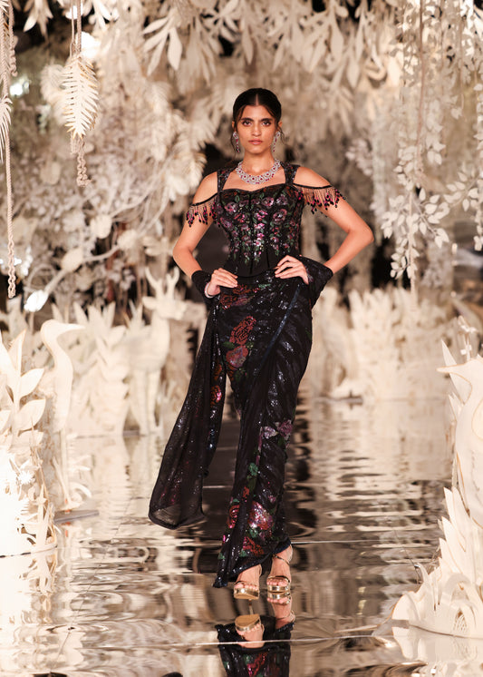 Sculpted Off-Shoulder Blouse with Floral Pre-Draped Saree