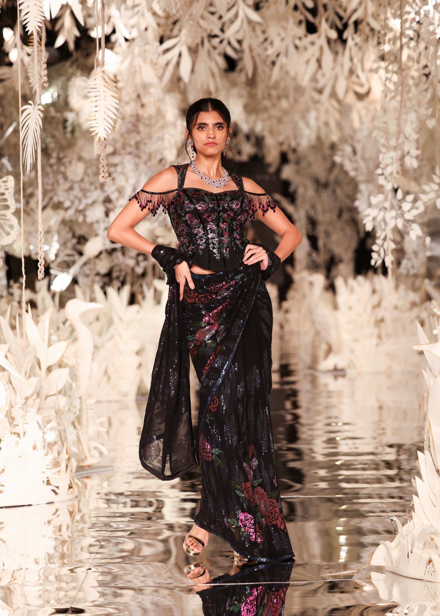 Sculpted Off-Shoulder Blouse with Floral Pre-Draped Saree