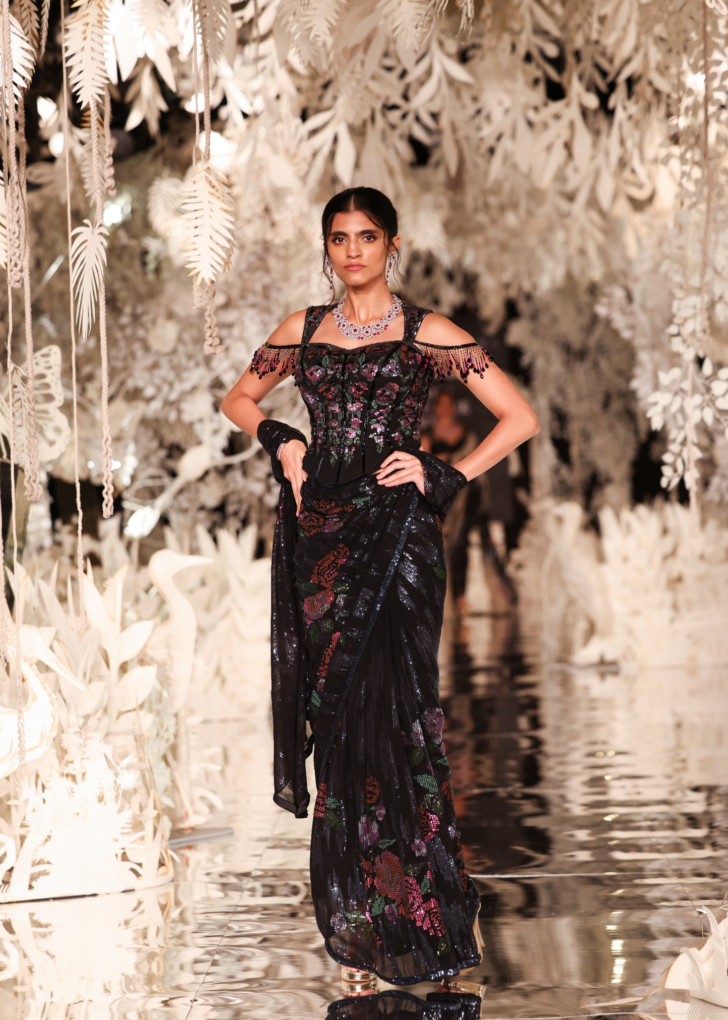Sculpted Off-Shoulder Blouse with Floral Pre-Draped Saree