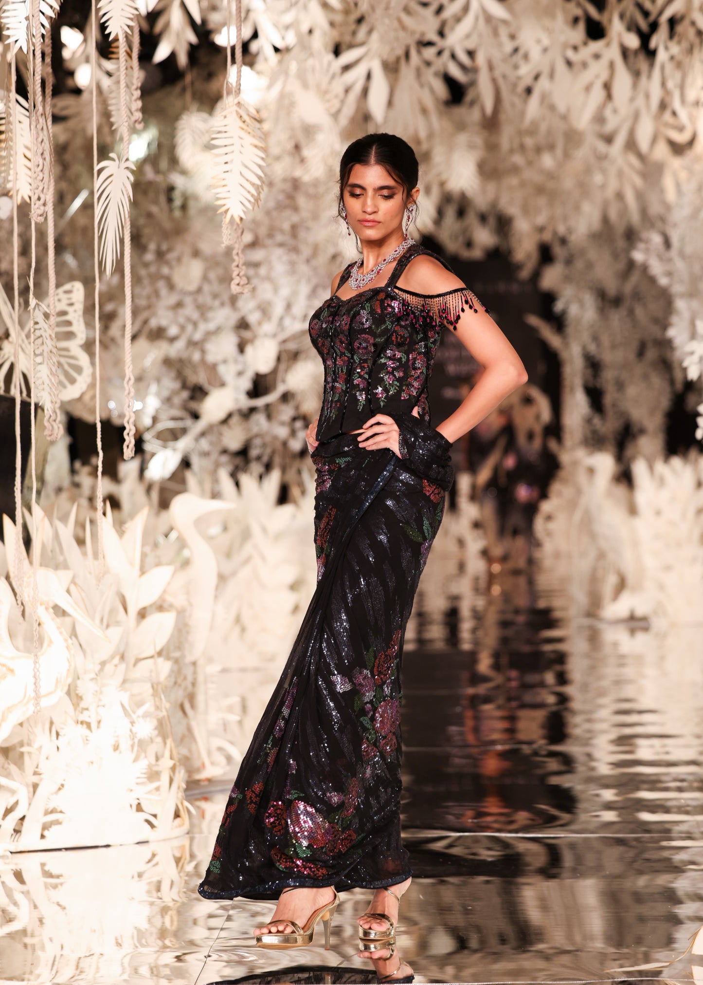 Sculpted Off-Shoulder Blouse with Floral Pre-Draped Saree