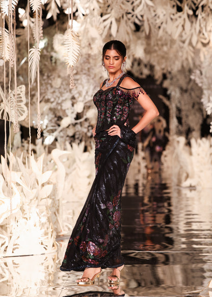 Sculpted Off-Shoulder Blouse with Floral Pre-Draped Saree