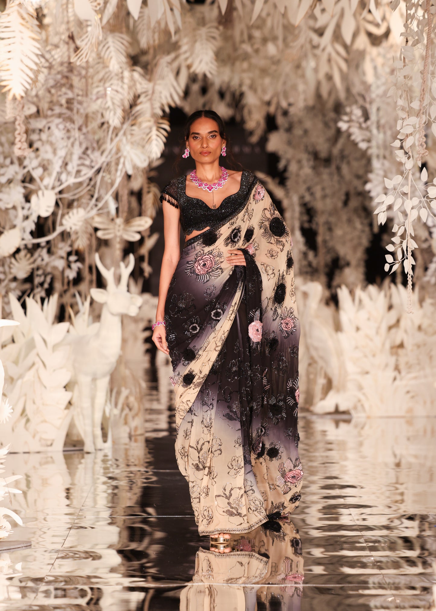Black and Cream Ombre Saree with Floral Appliqués