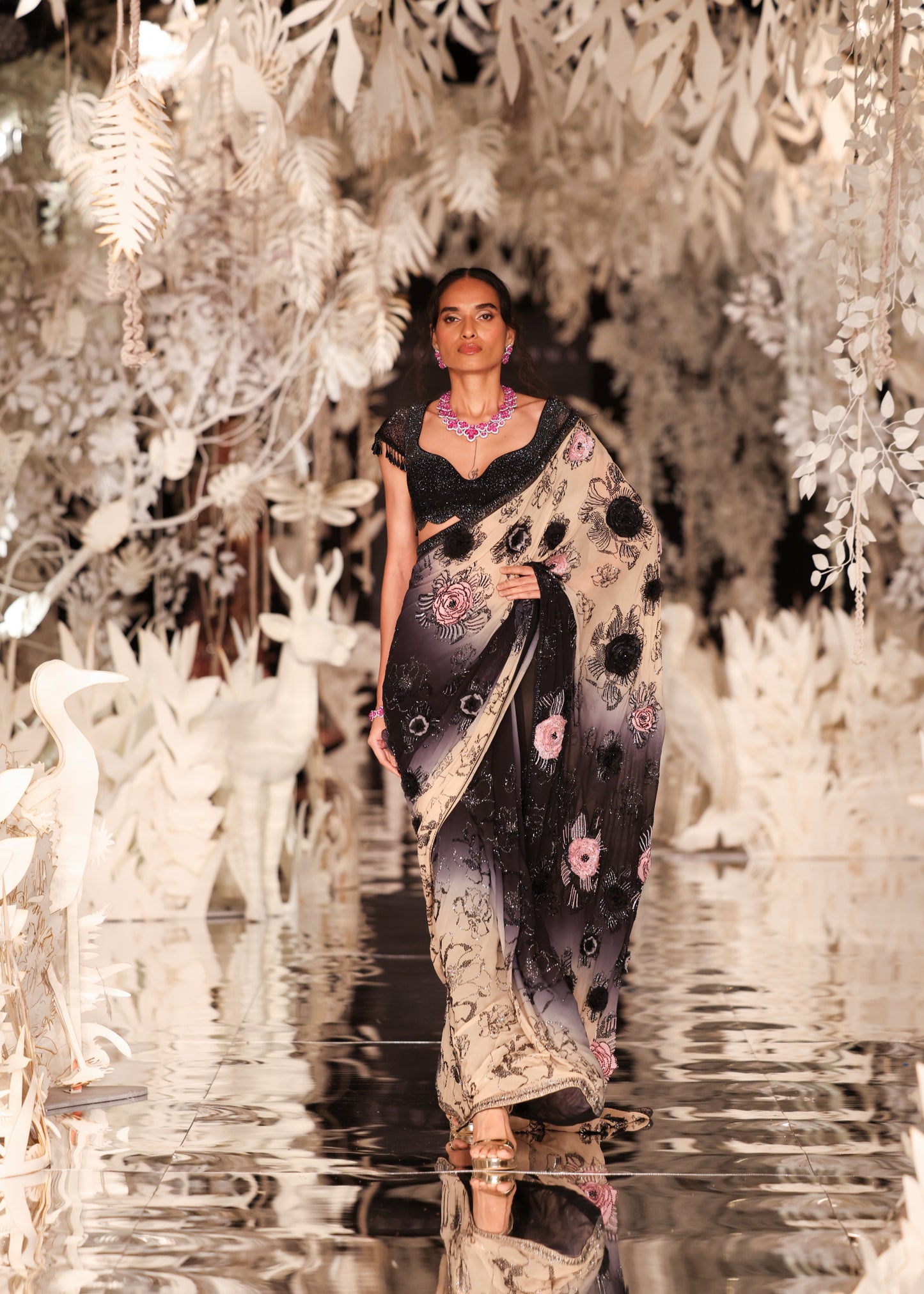 Black and Cream Ombre Saree with Floral Appliqués