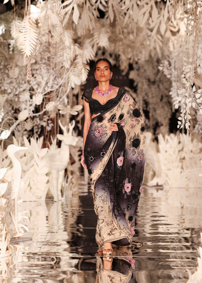 Black and Cream Ombre Saree with Floral Appliqués