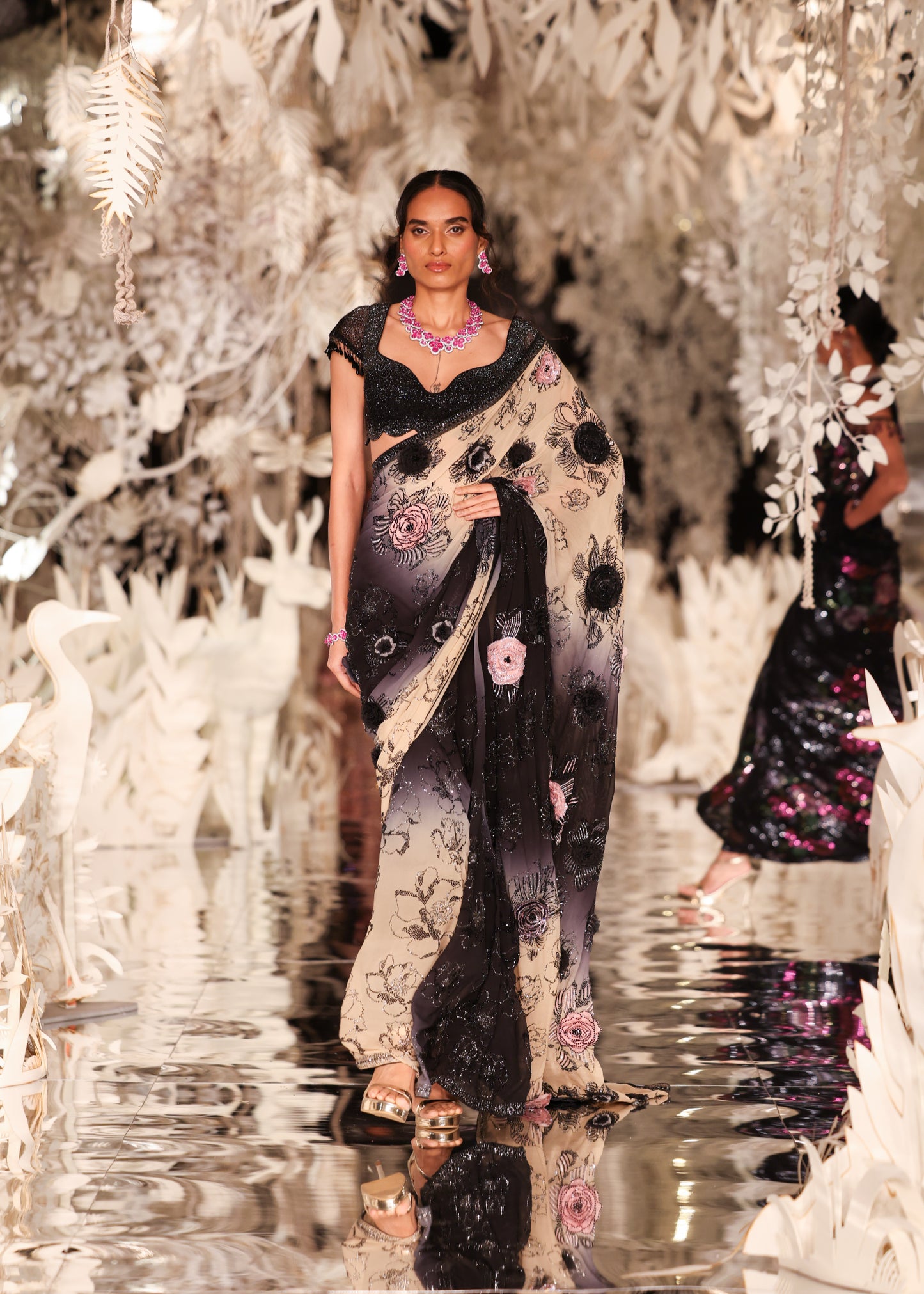 Black and Cream Ombre Saree with Floral Appliqués
