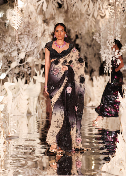 Black and Cream Ombre Saree with Floral Appliqués
