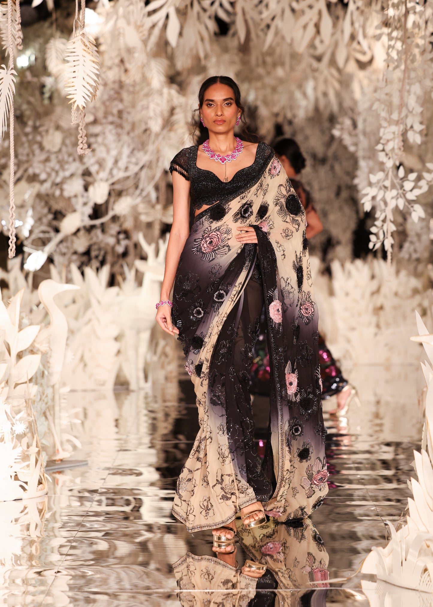 Black and Cream Ombre Saree with Floral Appliqués