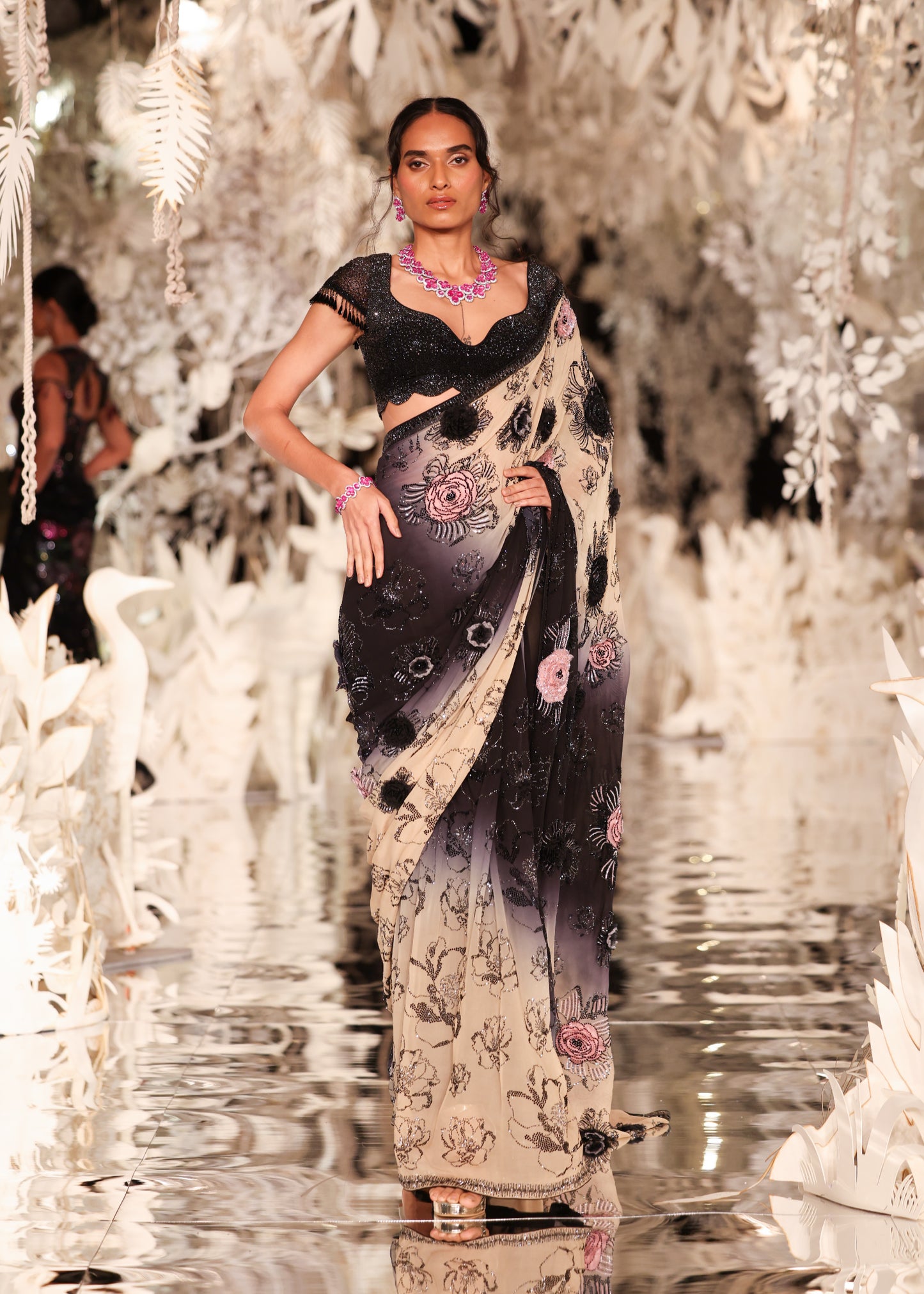 Black and Cream Ombre Saree with Floral Appliqués
