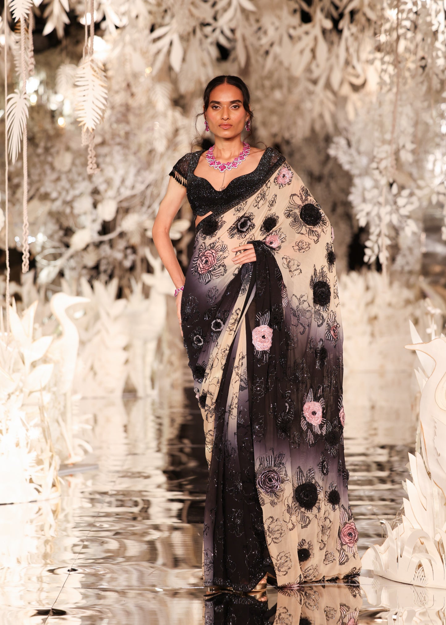 Black and Cream Ombre Saree with Floral Appliqués