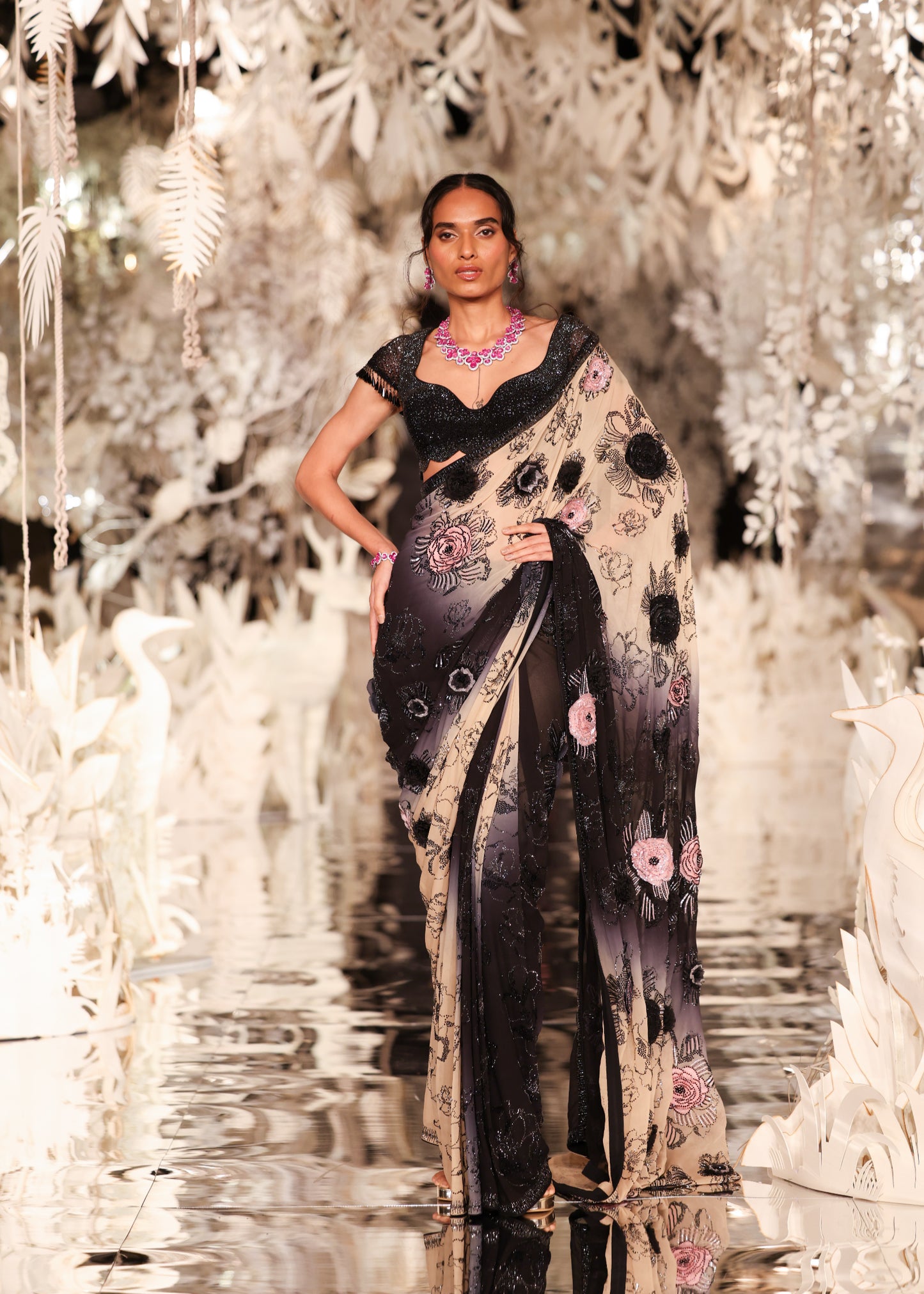 Black and Cream Ombre Saree with Floral Appliqués