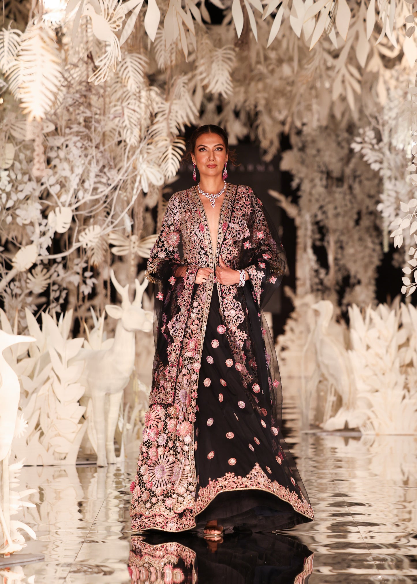 Floral Embroidered Long Jacket and Lehenga Set