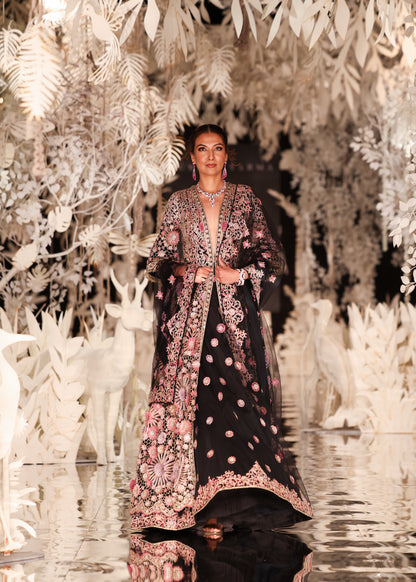 Floral Embroidered Long Jacket and Lehenga Set