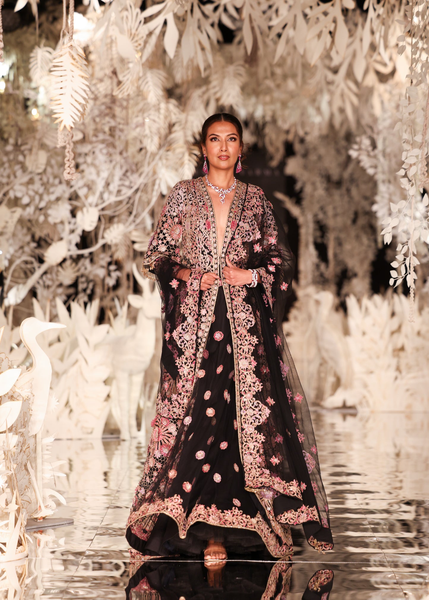 Floral Embroidered Long Jacket and Lehenga Set